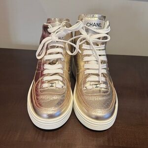 CHANEL Metallic Gold Sneakers with White Laces